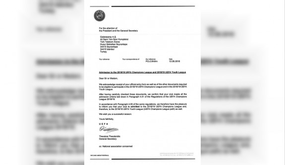UEFA'dan Galatasaray'a kabul mektubu