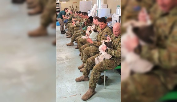 Avustralyalı askerler yangından kurtarılan koalalara bakıyor